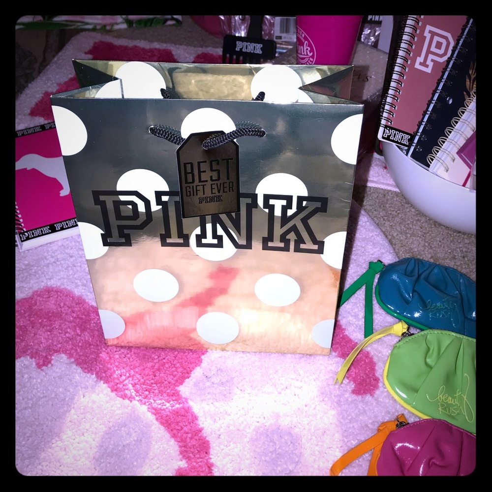 💕NEW VS PINK GOLD & WHITE POLKA DOT BAG💕